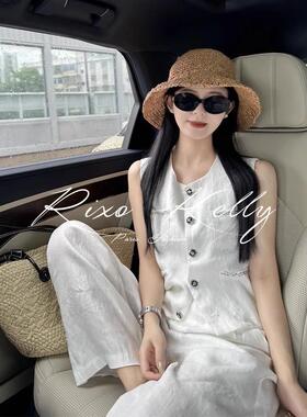RIXO STREET冷淡系高级感亚麻套装女夏气质白色小香风马甲阔腿裤