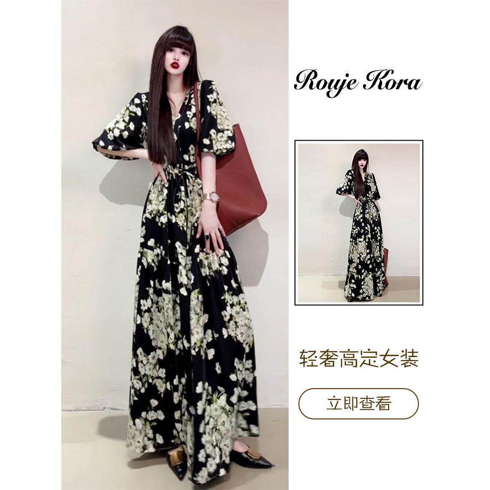 Rouje Kora法式气质感碎花连衣裙女夏季抽绳收腰长裙宽松大码裙子