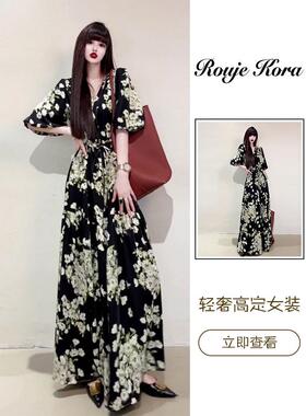 Rouje Kora法式气质感碎花连衣裙女夏季抽绳收腰长裙宽松大码裙子