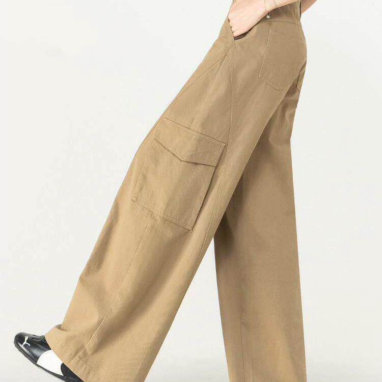 潮牌美式阔腿工装牛仔裤女新款卡其色显瘦裤子时尚宽松休闲直筒裤