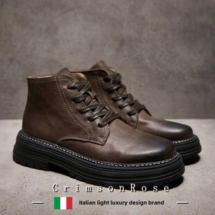 CR轻奢意大利秋冬高帮男鞋真皮厚底短靴加绒保暖工装靴马丁靴欧洲