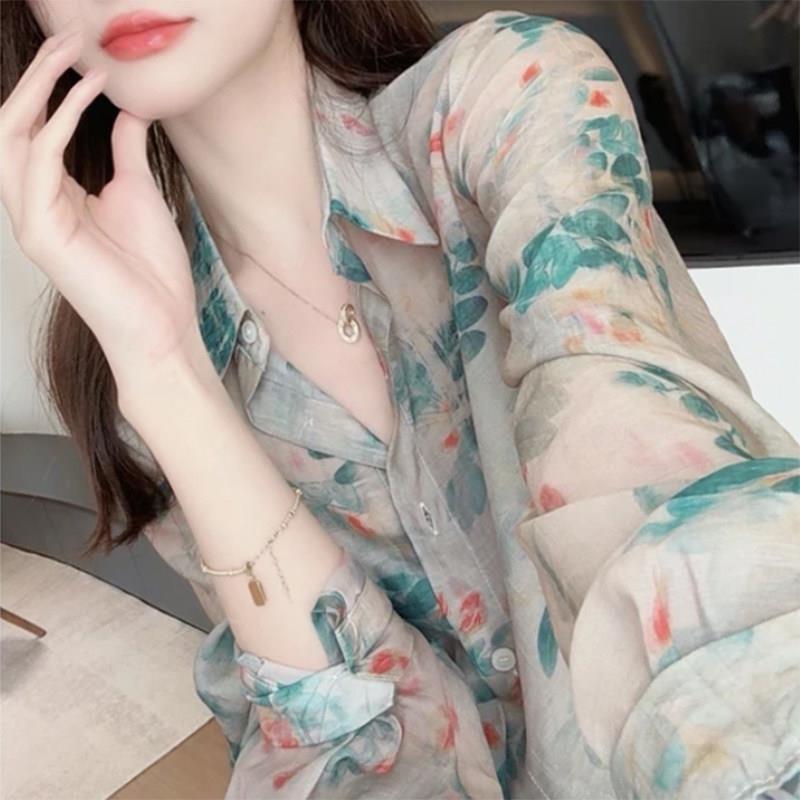 SPYB复古气质碎花显白polo领长袖衬衫女早春新款宽松慵懒衬衣上衣