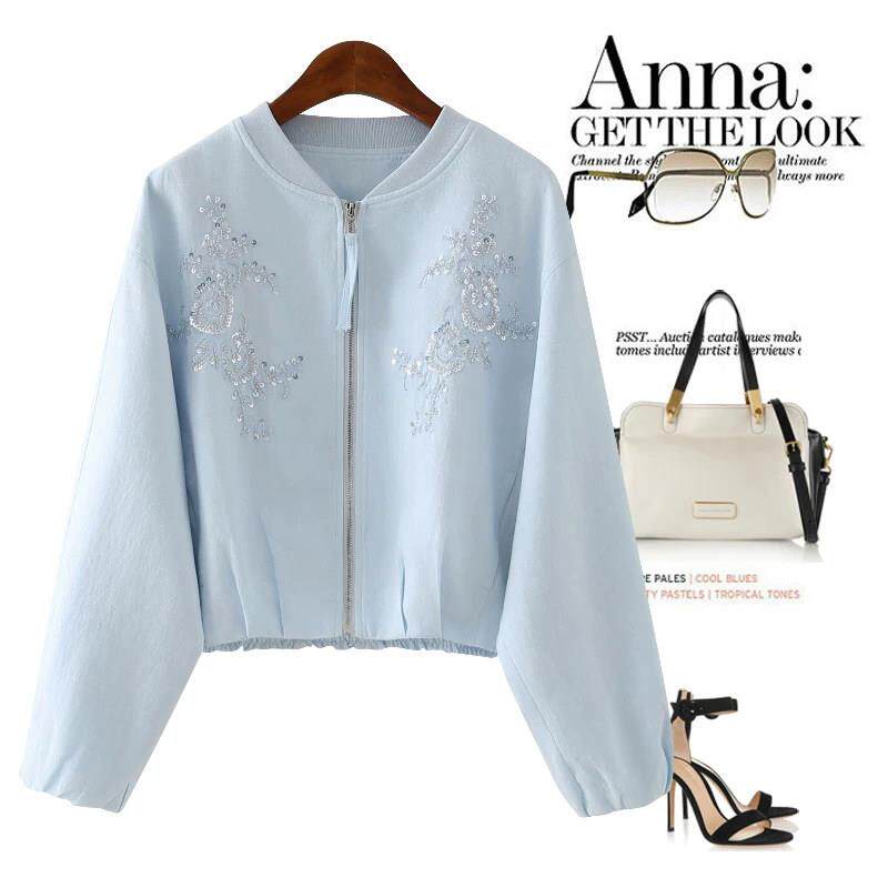 JOVKATTI吸睛俏丽颜色加分浅蓝色亚麻混纺钉珠亮片蝙蝠袖外套上衣