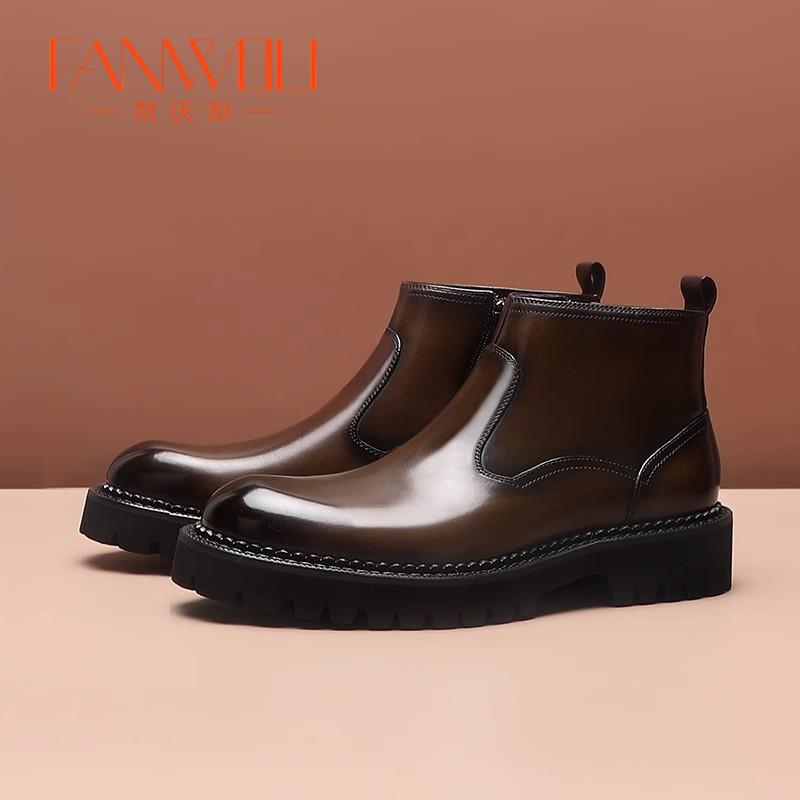 梵沃利秋冬商务厚底中筒马丁靴真皮保暖切尔西靴男英伦短靴皮靴男