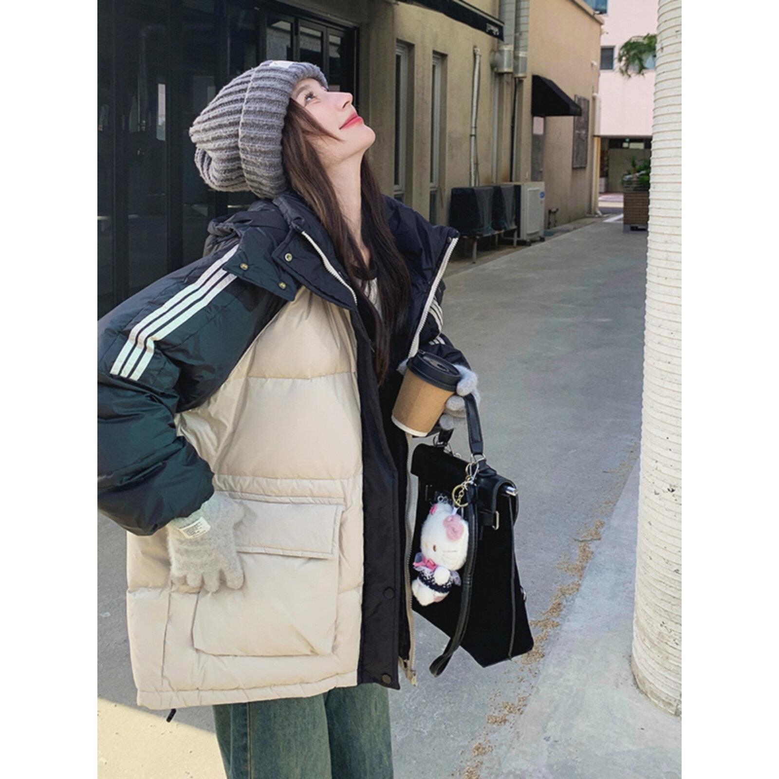 Baulmain Paul黑白拼色条纹装饰学院风连帽羽绒服90白鸭绒面包服