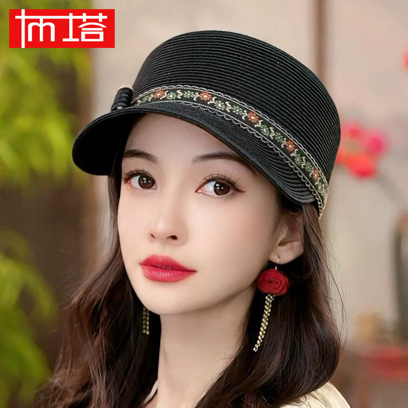 布塔夏季马术帽防晒草帽女冰丝遮阳帽钉珠出游骑士帽百搭休闲帽子