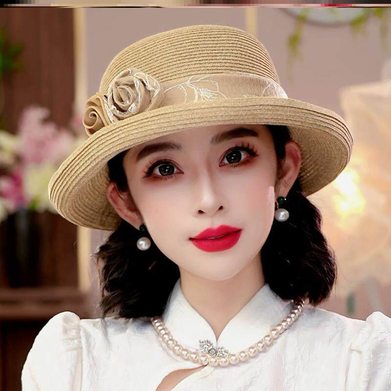 布塔法式复古赫本礼帽女太阳帽夏帽花朵网纱草帽遮阳帽大檐防晒帽