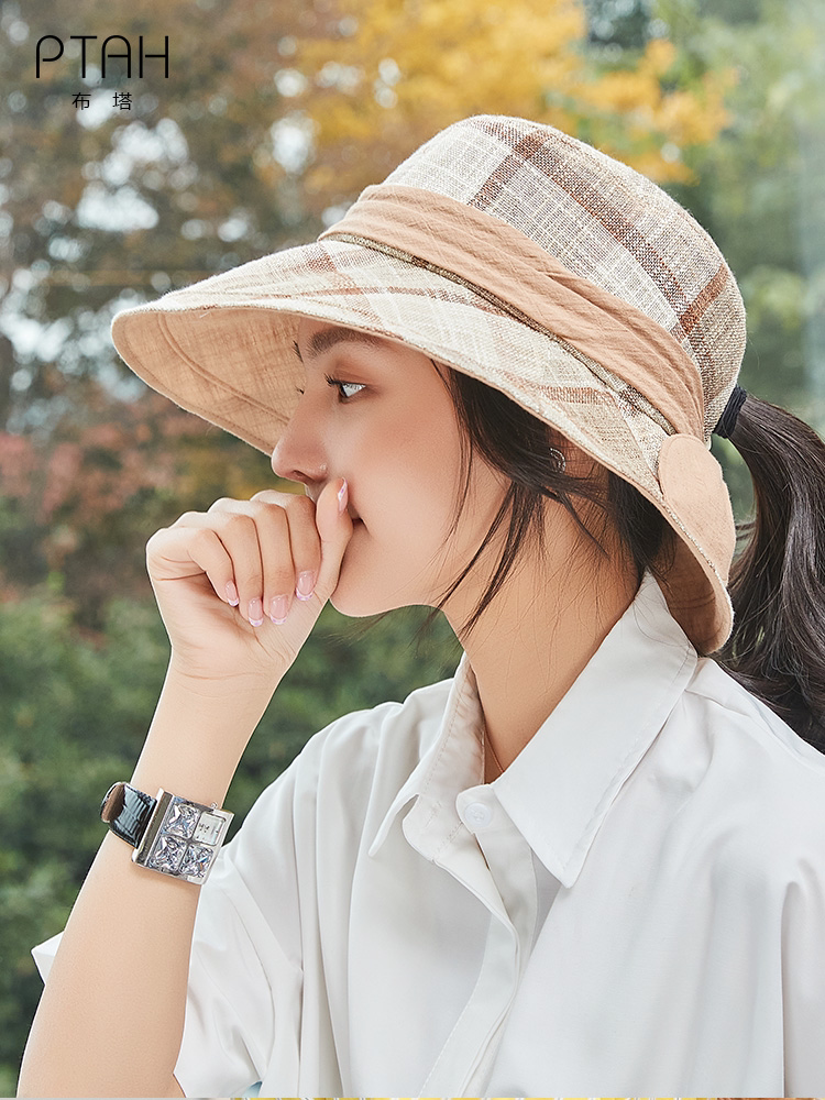布塔夏季渔夫帽女式防晒防紫外线盆帽可折叠格子太阳帽结马尾帽子