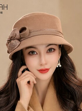 布塔秋冬千金风羊毛礼帽女定型帽时尚圆顶帽子高级感显脸小毛呢帽