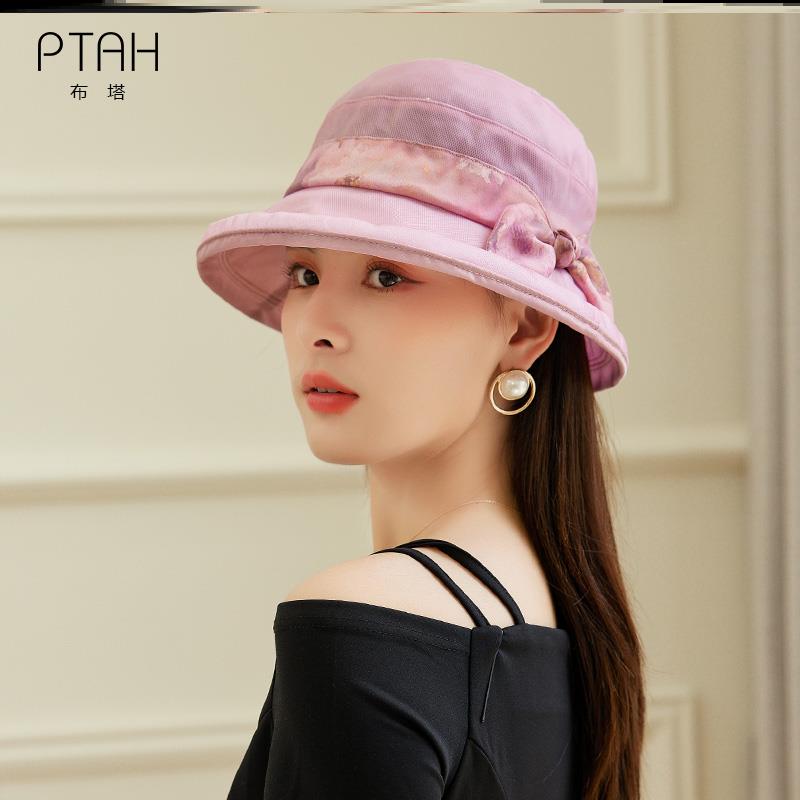 布塔遮阳帽可折叠防晒真丝帽子女夏天蝴蝶结太阳帽桑蚕丝沙滩帽