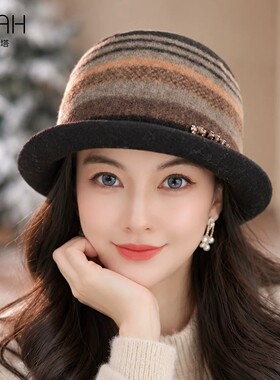 布塔复古条纹渔夫帽女秋冬保暖圆顶帽子气质百搭显脸小