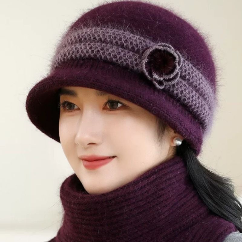 女士帽子冬天妈妈奶奶加绒保暖优雅毛线帽中老年人防寒棉帽老太太