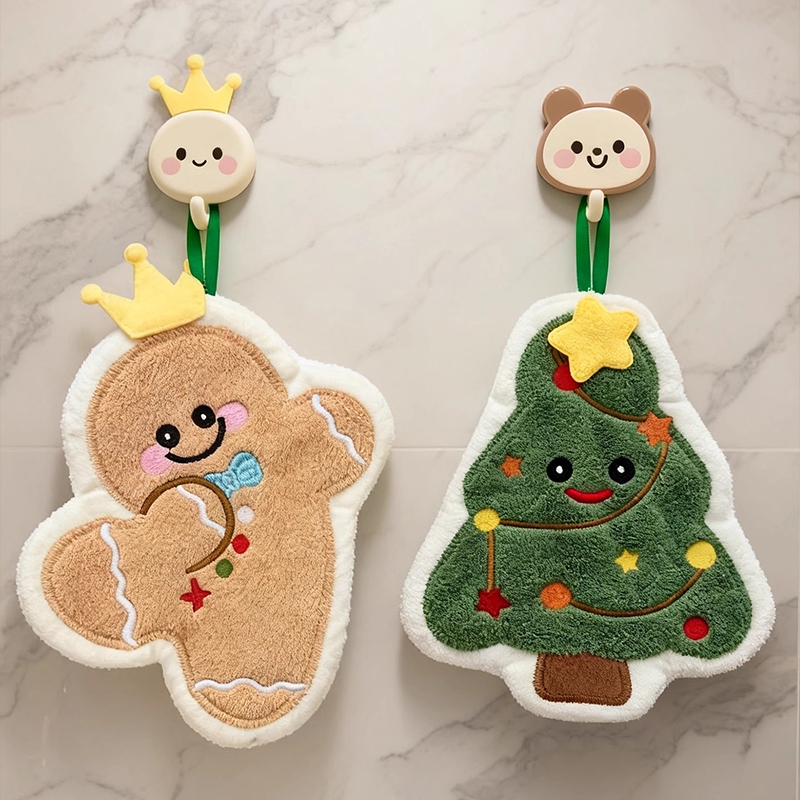 卡通擦手巾可挂式手巾加厚吸水刺绣毛巾儿童巾圣诞节圣诞树姜饼人