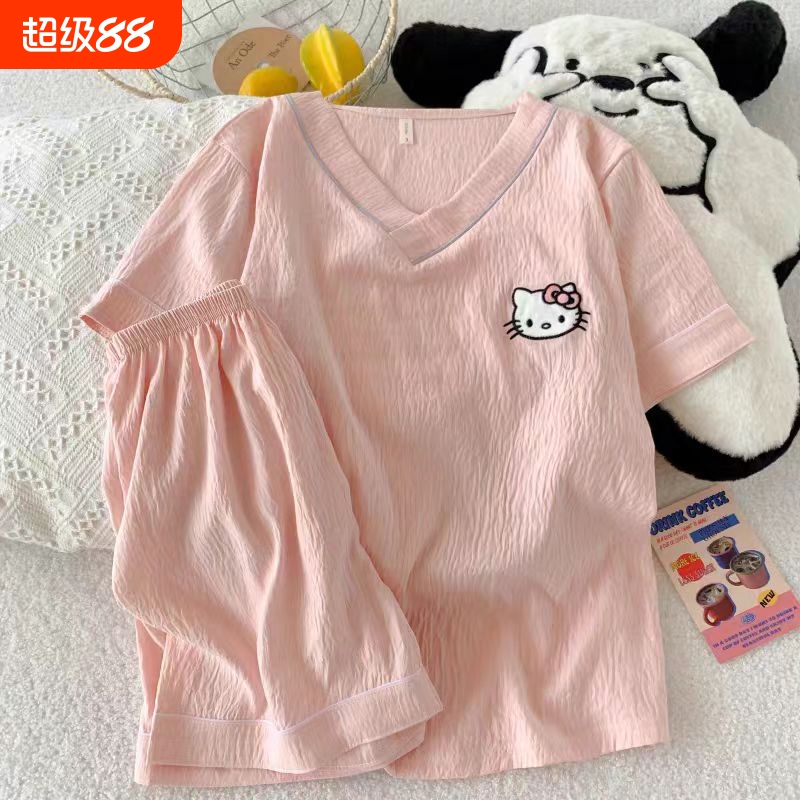 纯棉睡衣女夏季可外穿短袖短裤少女风V领云朵棉家居服套装薄款