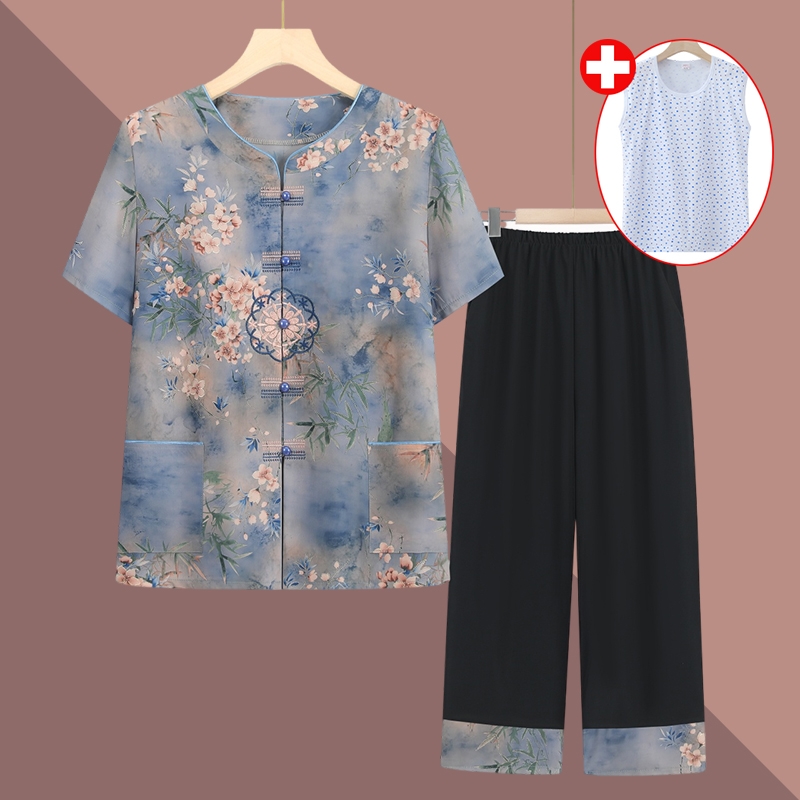 奶奶装夏季短袖套装女中老年人夏季开衫妈妈两件套老太太复古衣服