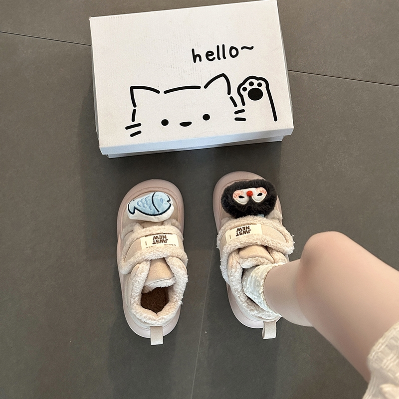 可爱卡通企鹅一字魔术贴加厚保暖厚底雪地靴女2025冬季新款大棉鞋