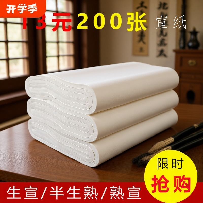 宣纸书法专用纸半生半熟对开纸100张四尺国画工笔画学生熟宣写毛笔字练习用作品纸半生熟四开六尺三开三尺