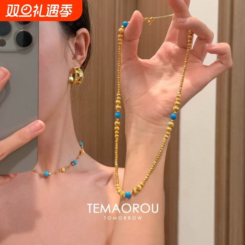 新中式复古显白绿色金色串珠项链女小众设计感锁骨链叠戴颈链