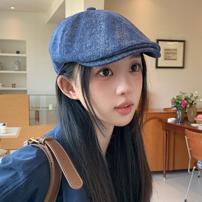 显脸小春夏画家前进帽女日系复古文艺水洗牛仔报童帽子鸭舌贝雷帽