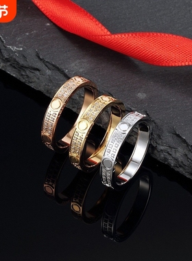 厂家直销卡加钛钢戒指两三排钻宽窄版镶钻满天星玫瑰金情侣指环