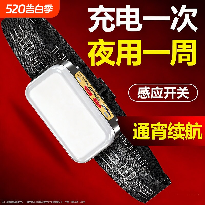 微笑鲨头戴式强光头灯感应超亮户外登山钓鱼led户外照明超长续航