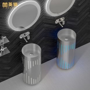 洗手盆家用阳台洗脸盆 创意带灯不锈钢立柱盆酒吧卫生间一体落地式