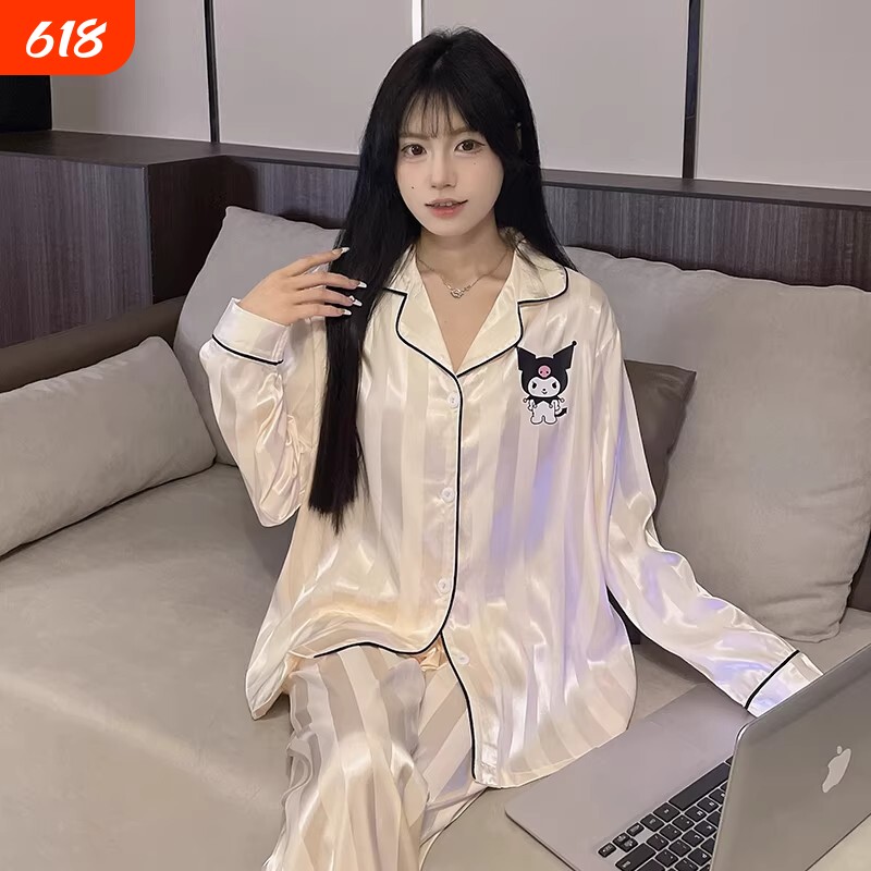 睡衣女生春秋季2026薄款冰丝新款夏天长袖凉感可爱卡通家居服套装