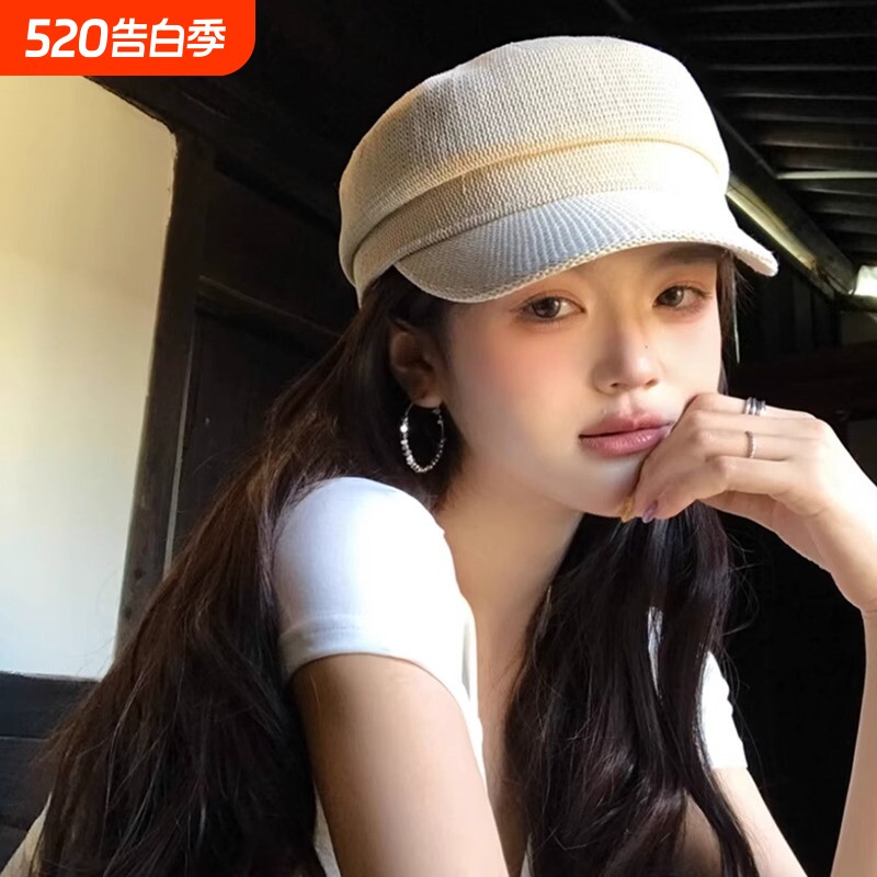 法式高级感亚麻编织纯色贝雷帽女春秋薄款透气八角帽显脸小报童帽