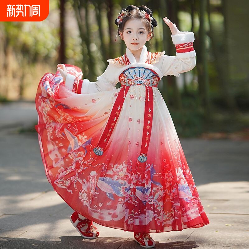 女童冬季拜年服儿童古装连衣裙国风唐装公主裙小女孩过年衣服