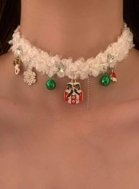 圣诞节秋冬毛绒choker项圈颈链高级麋鹿雪花铃铛礼物吊坠项链女