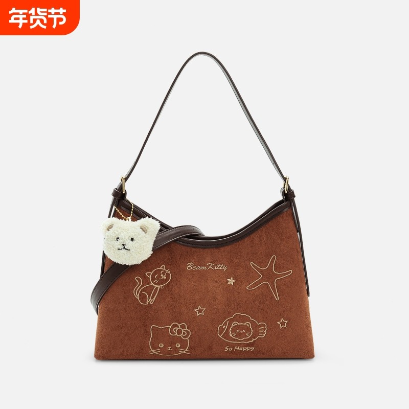 包包女包2025新款刺绣托特包女大容量上班通勤单肩包棕色斜挎推特