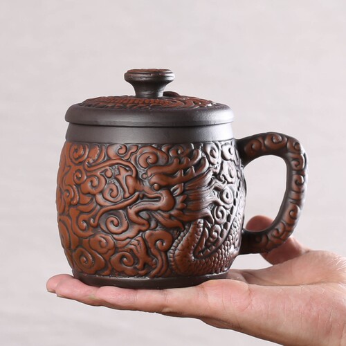 宜兴紫砂杯单个主人杯陶瓷家用办公男士泡茶杯大容量茶杯汉龙盖杯