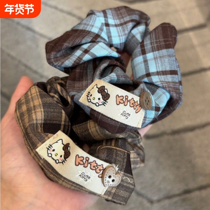 韩复古小熊布标发绳学院风格纹布艺方巾大肠圈头绳扎学生马尾发饰