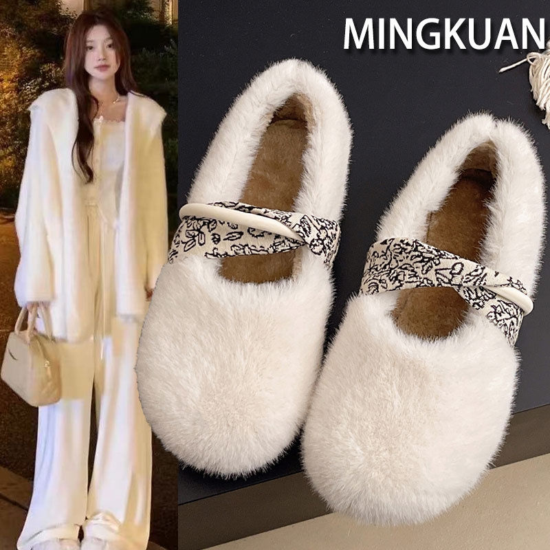 白色法式勃肯毛毛鞋女外穿加绒保暖秋冬季2025新款平底玛丽珍棉鞋