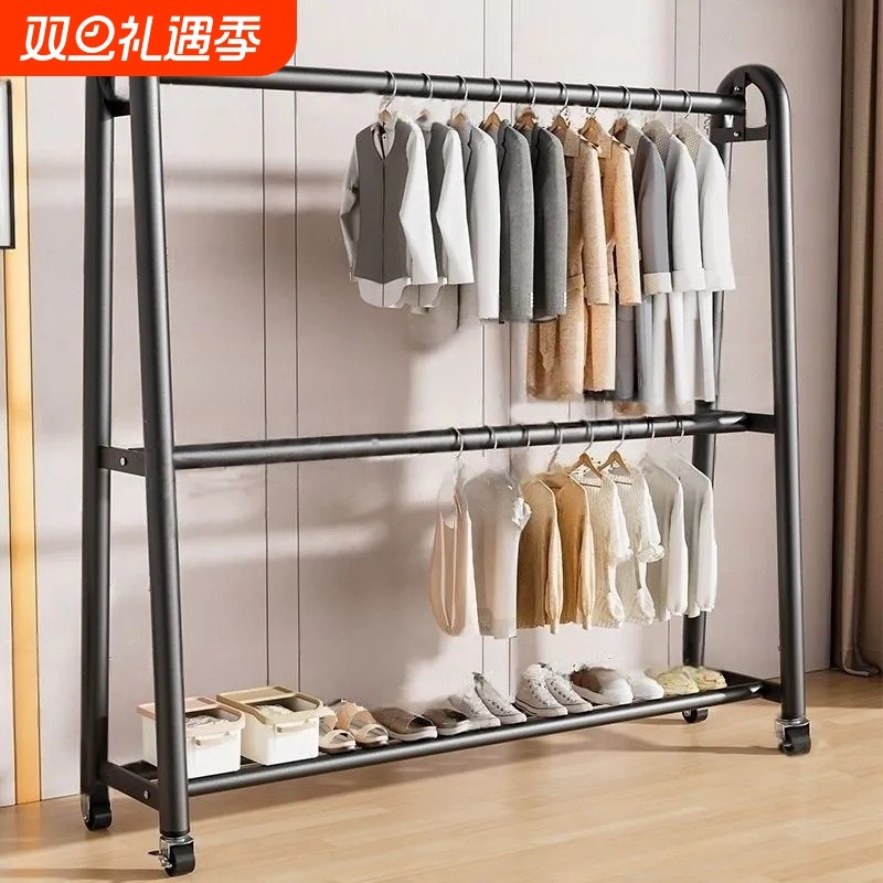 衣架落地卧室挂衣架家用双杆移动晾衣架多功能收纳衣帽架阳台双层