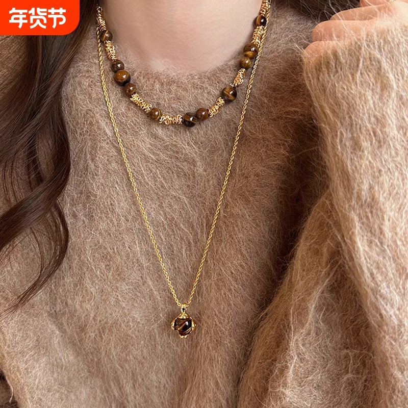 复古气质美拉德虎眼石款吊坠项链女秋冬气质长款毛衣链高级感颈链