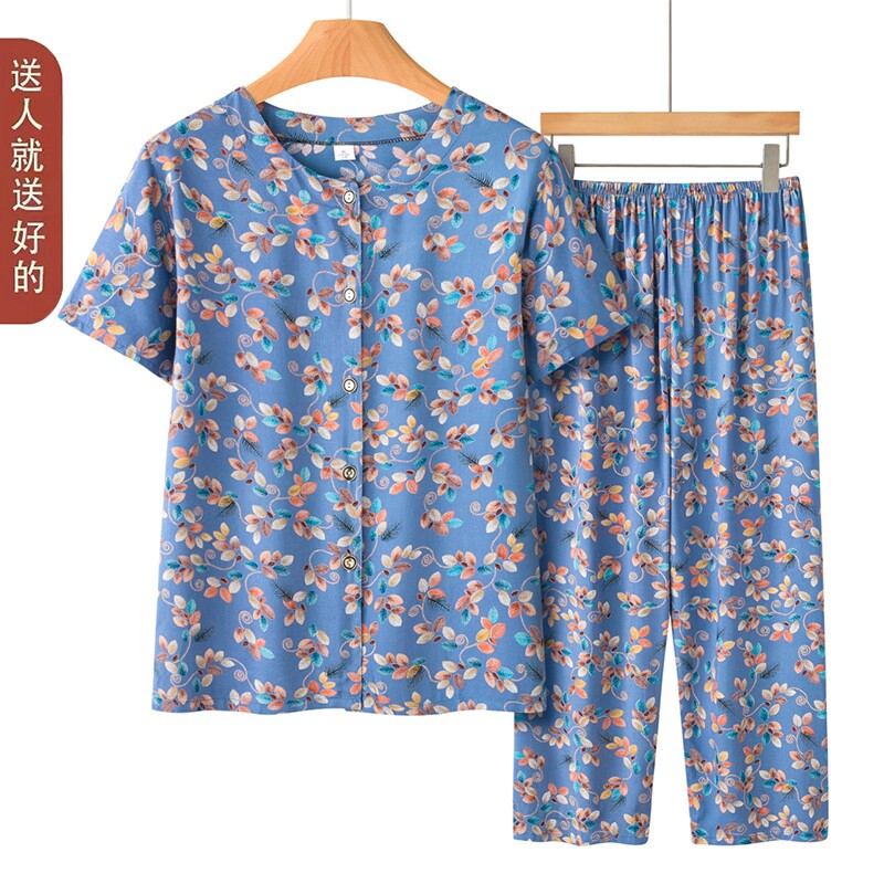中老年人夏装女棉绸开衫套装奶奶短袖上衣裤子休闲家居服睡衣薄款