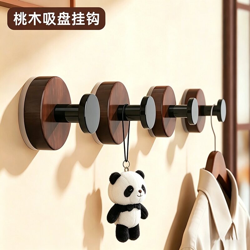 吸盘挂钩免打孔强力承重挂衣厨房浴室贴墙收纳无痕真空胡桃木衣柜