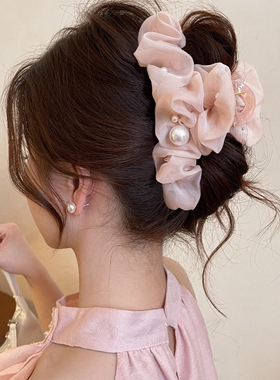 网纱珍珠抓夹女2026新款后脑勺鲨鱼夹盘发夹春夏高级感头饰黑色