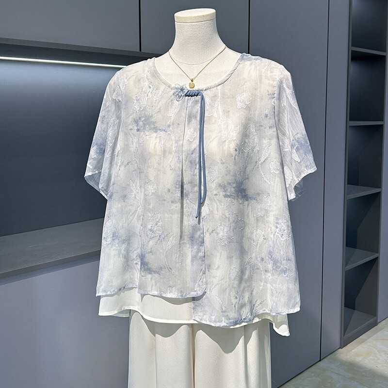 妈妈夏装雪纺小衫2026新款中老年人女装夏季短袖上衣服两件套开衫