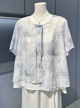 妈妈夏装雪纺洋气小衫短袖两件套