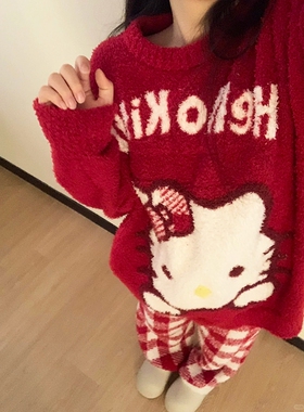 HelloKitty睡衣女款冬季珊瑚绒加厚加绒新年女士半边绒家居服红色