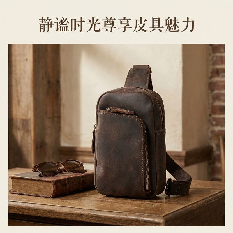 疯马皮胸包男士真皮斜挎小包通勤头层牛皮单肩腰包机车包大容量