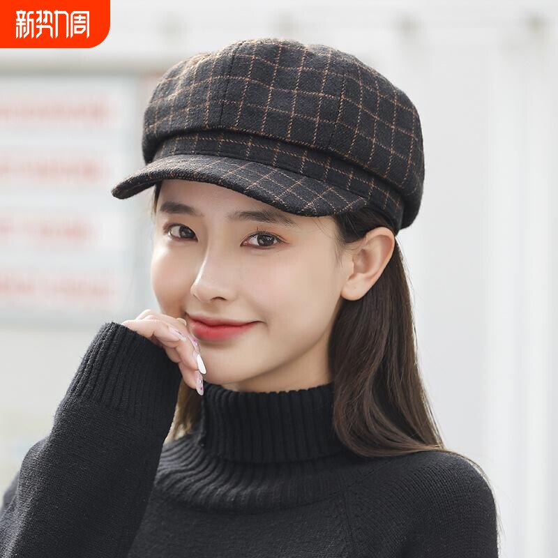 贝蕾帽女秋冬2024帽子八角帽画家大脸英伦韩版软顶短檐格子鸭舌帽
