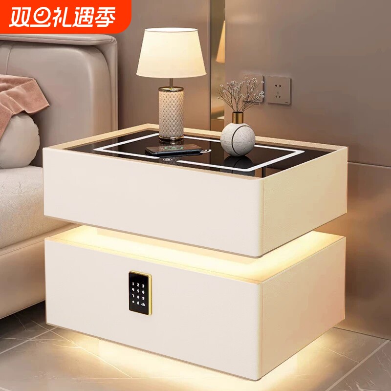 实木智能悬浮床头柜带灯无线充电蓝牙音响密码锁卧室床边收纳柜子