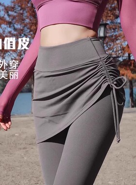 假两件裤裙秋冬季加绒高腰健身裤