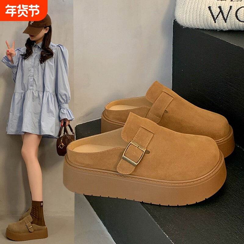 复古勃肯鞋女外穿2026年春季新款厚底懒人一脚蹬无后跟包头半拖鞋