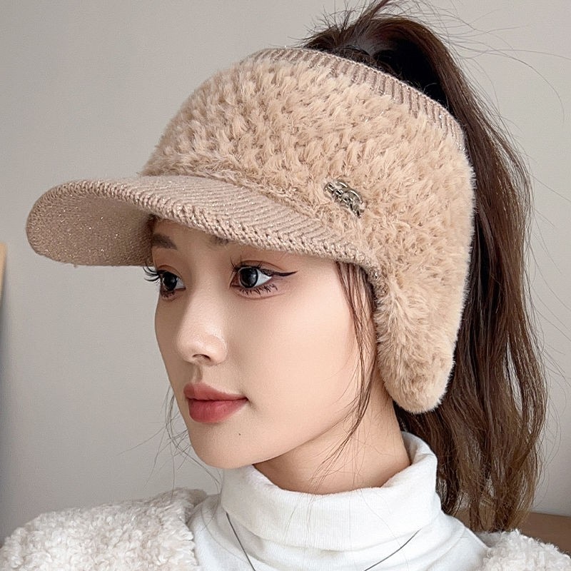 帽子女冬季保暖防寒空顶帽护耳毛线帽时尚百搭针织帽灰色骑行黑色