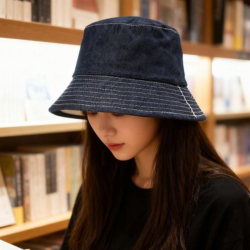 日系双面可戴帽子女春夏显脸小牛仔渔夫帽百搭水桶帽遮阳防晒盆帽