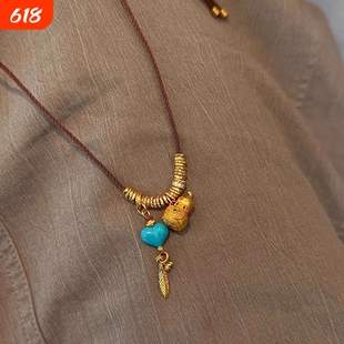 金包银盘缠星月小熊粉花项链女春季新品小熊圈锁骨链时尚